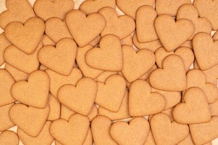 Gingerbread cookies in shape of hearts, top view