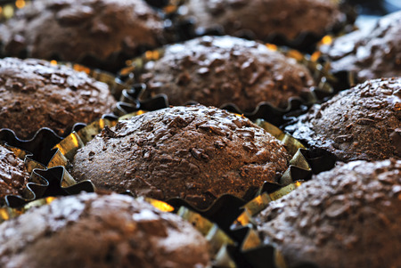 Freshly baked chocolate cupcake in metallic formの写真素材