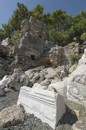 Stone ruins of houses and the street of the ancient city of Phaselis. Historical landmark Phaselis (Faselis) - the city of ancient Lycia, in the territory of modern Turkey, Antalya.の写真素材