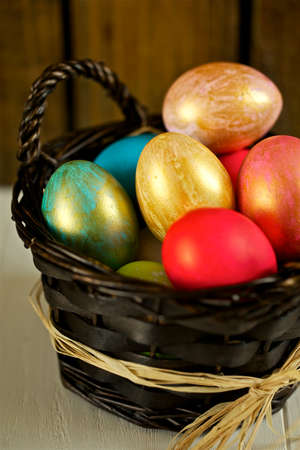 Easter eggs in a basketの写真素材