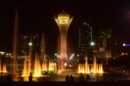 Astana, capital of Kazakhstan - the BAITEREK tower at nightのeditorial素材