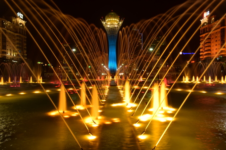 Astana, capital of Kazakhstan - the BAITEREK tower at nightのeditorial素材
