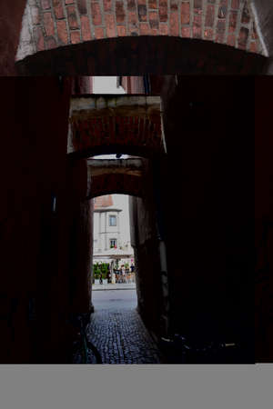View of a narrow street in Szeged, Hungary.の写真素材