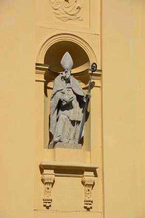 Statue on the facade of the Cathedral of Santa Maria della Salute in Salerno, Italyの写真素材
