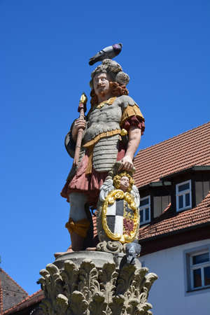 Statue of St. George in the old town of Heidelberg, Germanyの写真素材