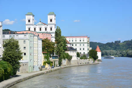 View of the Danube River and the Church of St. Francis of Assisi in Bratislava, Slovakiaの写真素材