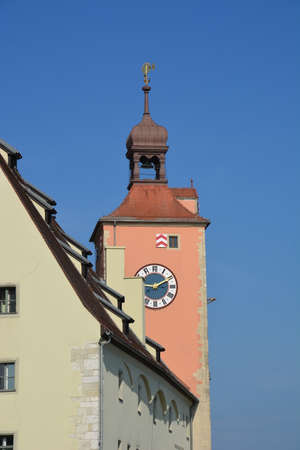 Clock tower of the old town of Rothenburg ob der Tauber, Germanyの写真素材