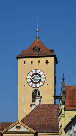 The clock tower of the old town of Rothenburg ob der Tauber, Germanyの写真素材
