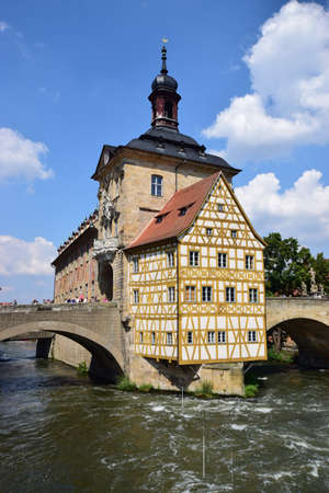 Historic half-timbered houses on the Neckar river in Germanyの写真素材