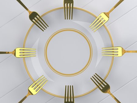 Using multiple  dip golden fork into the white dish