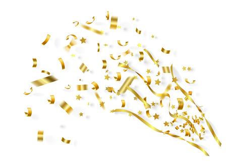 3d illsutration exploding gold ribbon and confetti on white backgroundのイラスト素材
