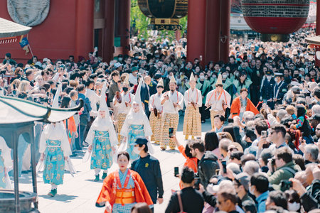 Ueno, Japan, April 8, 2023 : The Shirasagi no mai performed at Senso-ji Temple