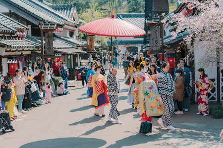 NIKKO, JAPAN - April 10, 2023 : A parade of actors dressed in traditional Japanese costumes in edo wonderlandのeditorial素材