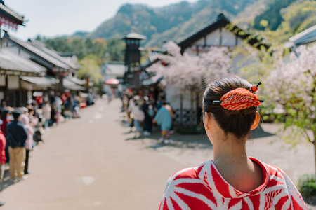 Japanese woman wearing kimono at old townのeditorial素材