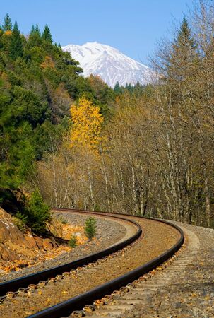 Rail tracks through the mountainsの写真素材