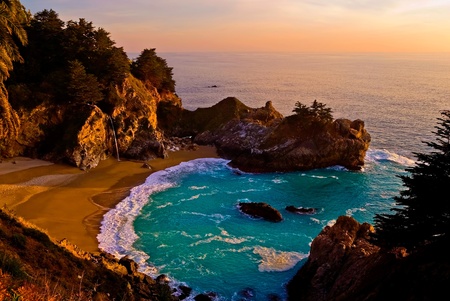 McWay Falls at Big Sur at sunset, California の写真素材