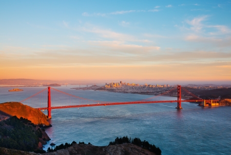 Golden Gate Bridge and San Francisco at sunsetの写真素材