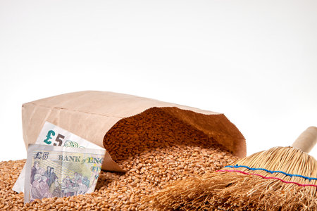 Wheat on a white background, paper bag and wheat. Grain and paper bag on a white background.の写真素材