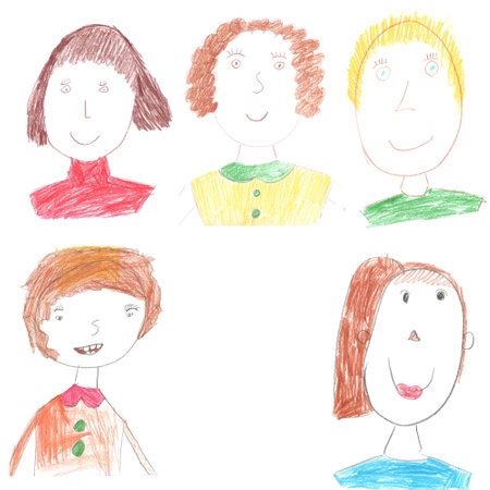 People drawn with colored pencils on a white background.の写真素材