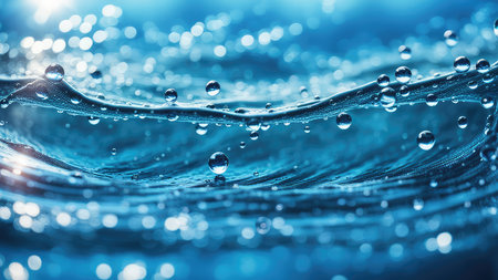 Water drops on blue background. Close-up of water surface.の素材