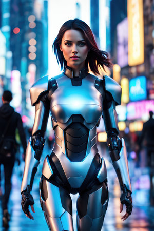 3D rendering of a female robot in the streets of New York Cityの素材