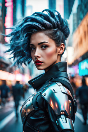 Futuristic woman in a black leather jacket and blue hair.の素材