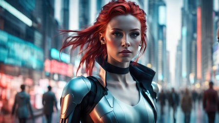Cyborg woman with red hair in the city. 3D rendering.の素材