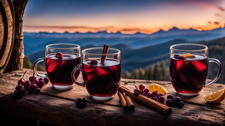 Mulled wine with spices on a wooden table in the mountainsの素材