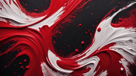 Red and white paint on a black background. Abstract background for design.の素材