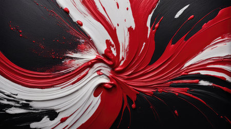 Red, white and black paint splashes on a black background.の素材