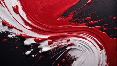 Red and white acrylic paint on black background. Abstract art background.の素材