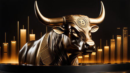 Golden bull statue on black background. 3d rendering, 3d illustration.の素材