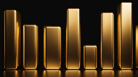 Golden bars on black background. 3d rendering, 3d illustration.の素材