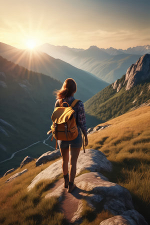 Foto de Young woman hiker with backpack standing on top of a mountain and looking at the sunset - Imagen libre de derechos