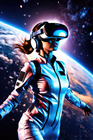 3D rendering of a female astronaut wearing virtual reality goggles against a space background.の素材