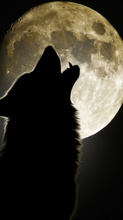 Silhouette of a wolf in front of a full moon.の素材