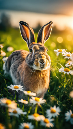 Rabbit on a meadow with daisies at sunset.の素材
