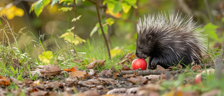 Hedgehog eating an apple on the ground in the autumn forestの素材
