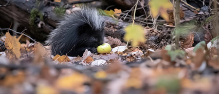 Porcupine eating an apple in the autumn forest with fallen leavesの素材
