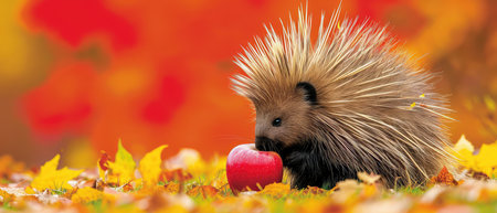 Hedgehog with red apple on autumn leaves background, panoramaの素材