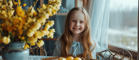 happy little girl looking at camera while sitting at table with yellow flowersの素材