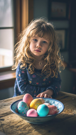 Cute little girl with easter eggs in the kitchen at homeの素材