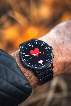 Wristwatch with a red heart on a man's hand.の素材