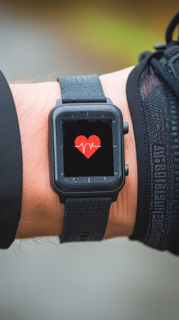 Close up of smartwatch with heart rate app on the screen.の素材