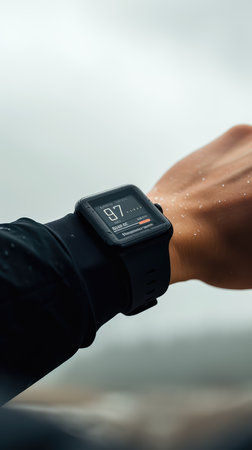 Closeup of a smartwatch on a man's hand. Fitness and sport concept.の素材