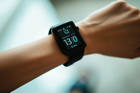 Close up of smartwatch on woman's hand. Fitness and sport concept.の素材