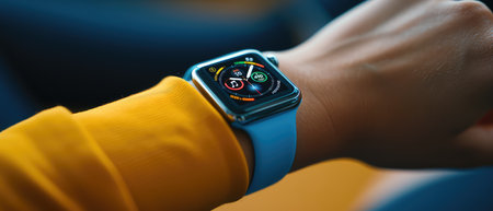 Close-up of female hand with smart watch on blue background.の素材