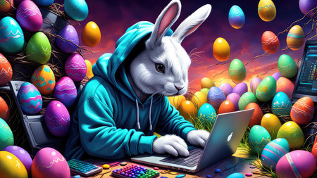 Easter bunny with a laptop in front of a colorful easter eggsの素材