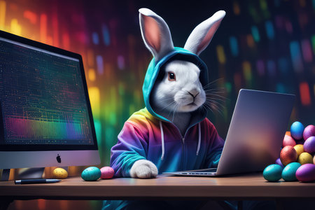 Easter bunny with laptop and easter eggs on colorful background.の素材