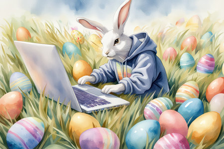Easter bunny with a laptop and colored eggs on the meadowの素材